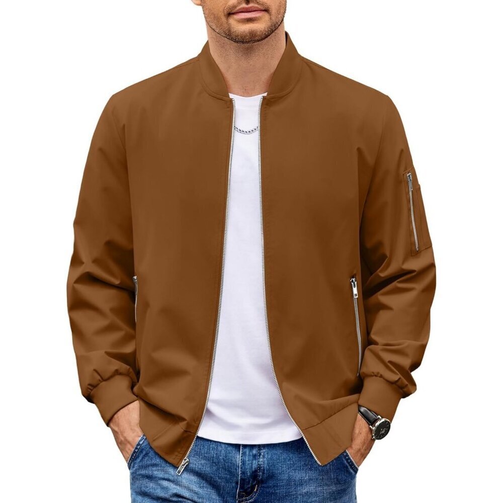 Men's Fashion Stylish Brown Bomber Jacket Coat Lightweight Casual Zip Up Pocket